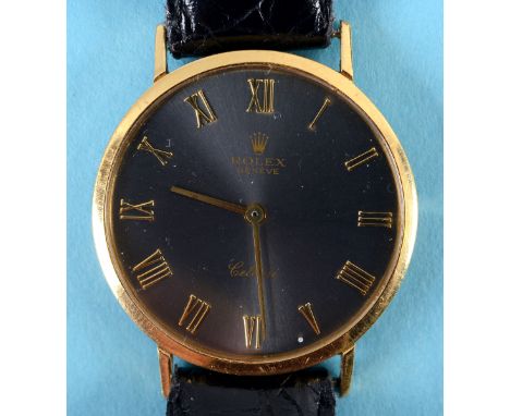 A gentleman's 18ct gold Rolex Cellini wristwatch, the silver grey dial with Roman numerals (lacks winding button)  See illust