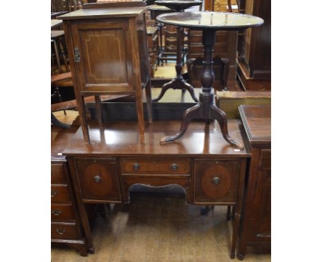 A 19th century mahogany tripod table, 56 cm wide, two other tripod tables, two sideboards, a chest of drawers, a bookcase, a 