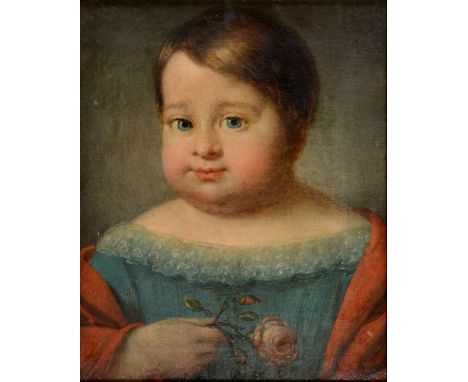 English school, 18th century, a bust portrait of a young boy, holding a rose, oil on canvas, 30.5 x 24 cm  See illustration