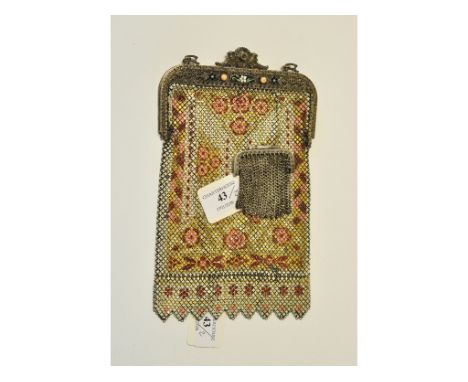 A painted enamel evening bag, and a Victorian silver purse (2)