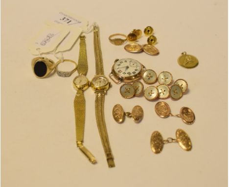 A lady's 9ct gold wristwatch, on a 9ct gold bracelet, two other wristwatches, cufflinks, rings and items, approx. 15.2 g (wei