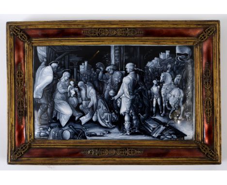 A 19th century enamel plaque, en grisaille, depicting the three wise men bringing gifts to Jesus, with gilt detailing, initia