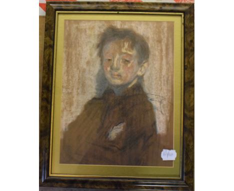 20th century, a half length portrait of a boy, pastel on paper, 30 x 24 cm, an embroidery, three prints, and other pictures (