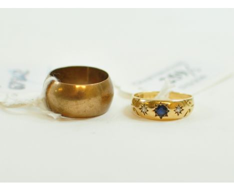 An 18ct gold, sapphire and diamond gypsy ring, approx. ring size O½, and another ring, stamped 585, approx, ring size R (2) C