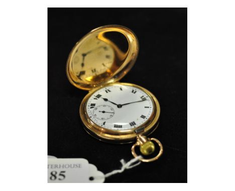A 9ct gold hunter pocket watch, the white enamel dial with Roman numerals and subsidiary seconds dial