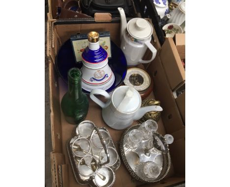 A box of mixed items including a barometer, crockery and glass etc. 