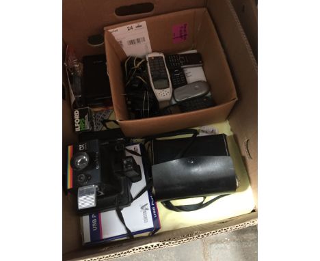 A box of items inc Polaroid camera, old mobile phones etc 