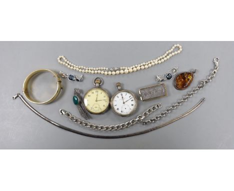 Two silver open faced pocket watches and a group of minor jewellery including bracelets, pendant, bangle, cultured pearl neck