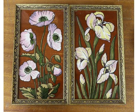 A pair of late 19th century Aesthetic pottery tile panels, 33 x 18cm