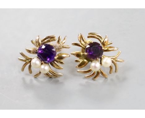 A pair of 9ct, amethyst and cultured pearl cluster earrings, 17mm, gross weight 4.2 grams.