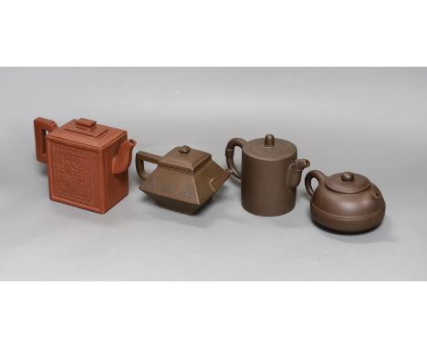 A Chinese Yixing rectangular teapot and three other Yixing teapots (4), Tallest 12 cms high,