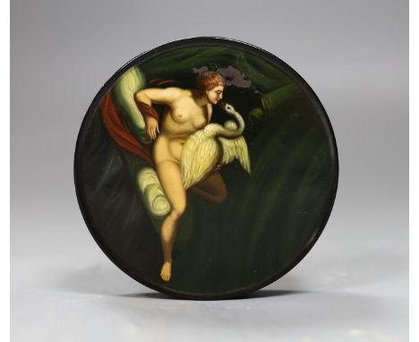 A 19th century ‘Leda and the Swan’ painted circular papier mache snuff box,9.5cms diameter,