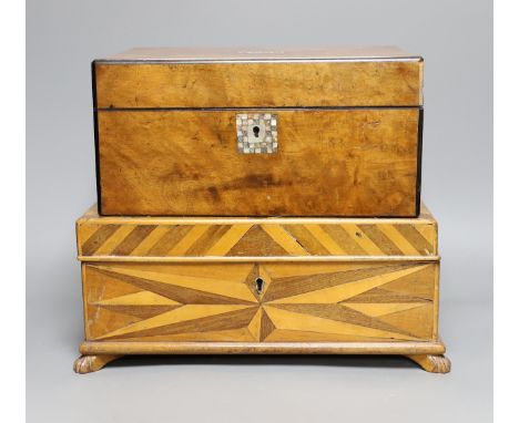 A parquetry inlaid box and a walnut mother of pearl inlaid sewing box, parquetry box 35 cms x 14 cms,