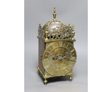 A brass lantern clock, signed Robert Drew, London, single fusee movement,34 cms high,