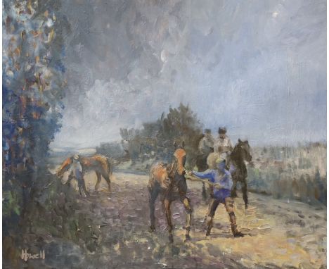 § § Peter Howell (b.1932), oil on canvas, Figure leading horses along a lane, signed, 50 x 60cm
