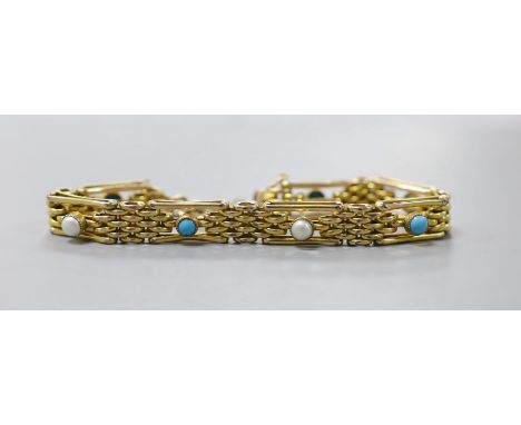 A 9ct gold , split pearl and turquoise set gate link bracelet, 17.5cm, gross weight 17.4 grams.