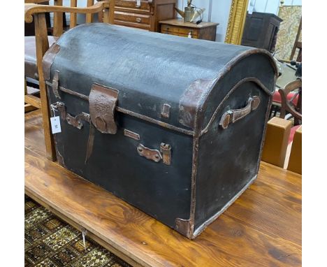 A Victorian leather dome top trunk with original interior by Webb &amp; Son, Plymouth and Exeter, length 77cm, depth 52cm, he