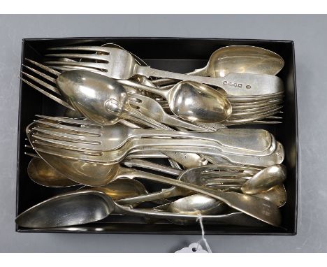 A mixed part canteen of George III and later silver mainly fiddle or fiddle and thread flatware, various dates and makers, co