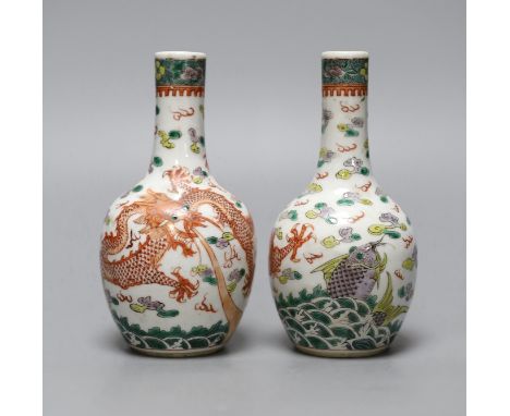 A pair of Chinese enamelled porcelain ‘dragon’ bottle vases, Kangxi marks probably Guangxu period, 15cms high,