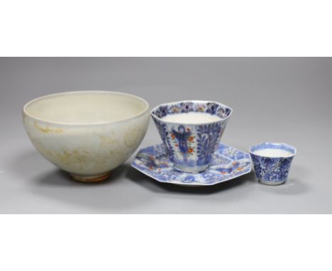 A Chinese Vung Tao cargo miniatures blue and white cup, Kangxi, porcelain bowl, a Japanese octagonal cup and saucer and a gre