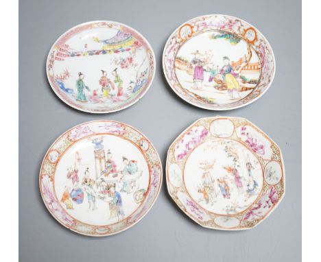 A group of four 18th century Chinese export famille rose saucers,