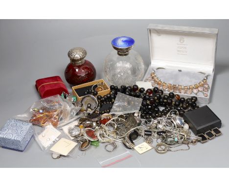 Two silver mounted glass scent bottles including late Victorian ruby glass and a quantity of assorted mainly costume jeweller