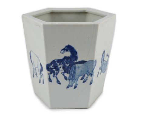 A Chinese blue and white hexagonal jardiniere, Kangxi mark but 19th/20th century, painted with the eight horses of Mu Wang, s