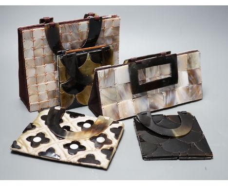Four 1960’s-1970’s faux pearl and horn handled bags, one with appliqué Mary Quant style flower motifs, largest 15 cms high no