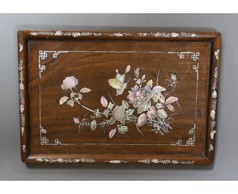 A Chinese mother of pearl inlaid oak tray with bordered decoration, 29.5cm wide