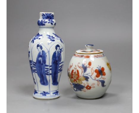 A Chinese Kangxi blue and white small vase, 15cm tall, and an 18th century Chinese Imari pot and cover