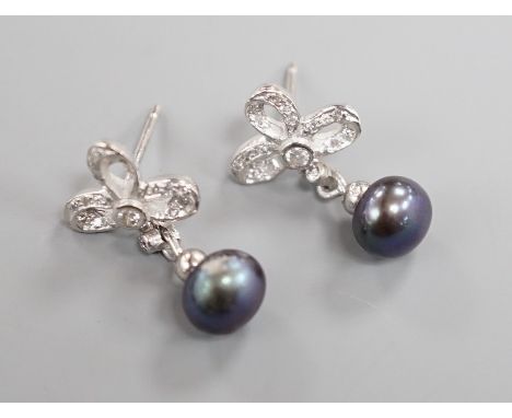 A modern pair of 750 white metal, Tahitian cultured pearl and diamond set drop earrings, 20mm, gross weight 3.8 grams.