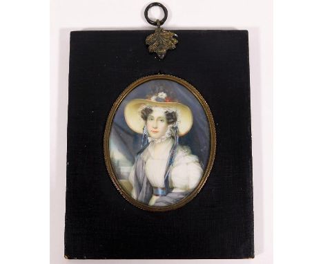 A 19thC. Continental school portrait miniature watercolour of young woman, signed Ruger, frame size 5in x 4in