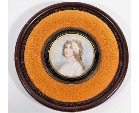 In the manner of Andrew Plimer, a 19thC. English school portrait miniature watercolour of young woman, frame size 6.5in x 6.5