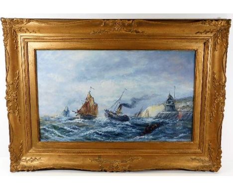 An unsigned oil on panel of Cornish coastal seascape set within swept gilt frame, image size 19.625in x 11.625in