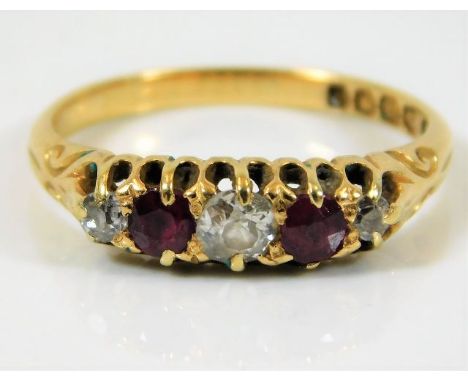 An antique 18ct gold ring set with approx. 0.35ct old diamond &amp; ruby 2.5g size L