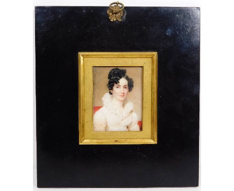 A framed 19thC. portrait miniature watercolour of Katherine Burrowes Crozier of West Hill, Isle of Wight, died 1856 in Portma