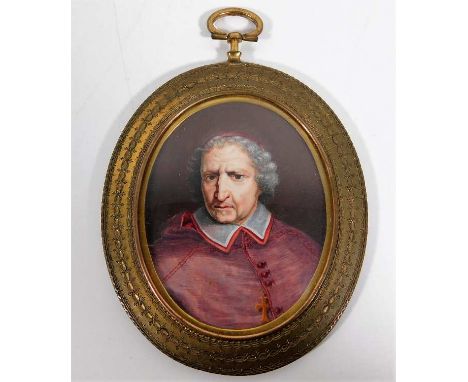 An 18thC. gilt framed continental miniature portrait watercolour of cardinal Fleury 1653-1743, frame size 4.25in x 3.25in