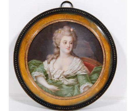 An 18thC. French school portrait miniature watercolour signed M.V Caster dated 1777, gilt frame size 4.25in x 4.25in 