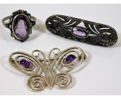 Three silver &amp; white metal jewellery items set with amethyst 15.6g