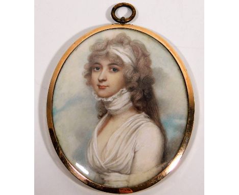 In the style of George Engleheart, an 18thC. portrait miniature watercolour believed to depict Mary Urry nee Stone, wife of C