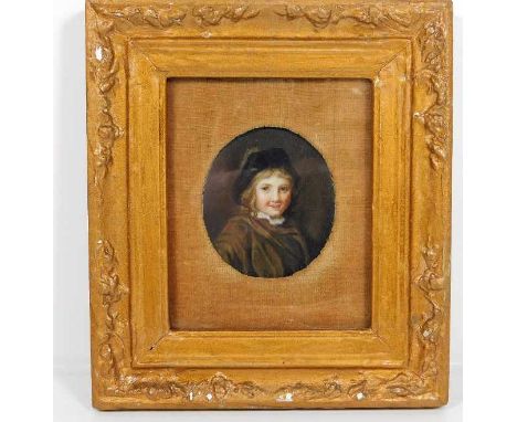 After Frans Hals, an English school portrait miniature watercolour of boy in brown coat &amp; black cap, frame size 6.25in x 