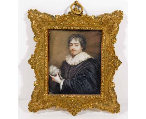 In the manner of John Bogle, a 19thC. gilt framed portrait miniature watercolour of connoisseur holding a classical marble bu