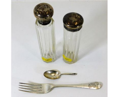 Two silver topped tidies, a silver fork &amp; an a/f silver spoon