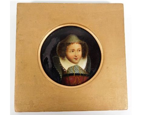 A gilt framed portrait miniature oil on panel of Tudor style lady, frame size 5.5in x 5.5in
