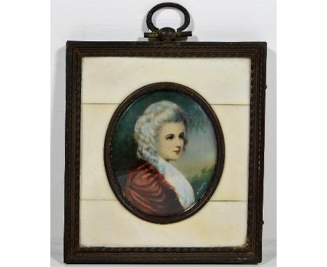 A 19thC. ivory mounted portrait miniature watercolour of lady in powdered wig, indistinctly signed, frame size 4in x 3.75in 