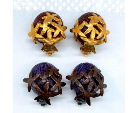 First pair are purple cabochons with brass metal flowers. Second pair are red cabochons with gold metal flowers. Dimensions: 