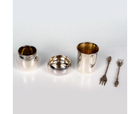 An assortment of three small cups for spices, and two lemon forks. 1 Lunt cup, 1 800 M&amp;M, 1 German cup, and 2 German fork