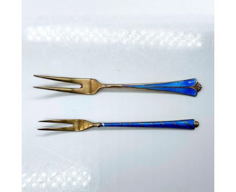 Beautiful gold wash sterling silver hors d'oeuvres forks with a cobalt blue enamel design. Norway Sterling 925 and Denmark St