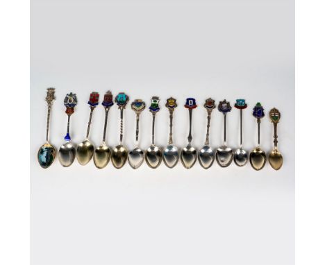 Spoons have detailed enamel shields, county, or country. Eastbourne, Toronto, Aberystwyth, Aldeburgh, Gloucester, Yeovil, Som
