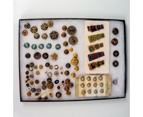 Large button collection including cloisonne, cameos, carnival glass, metal, metal of pearl, and one paperweight button. Condi